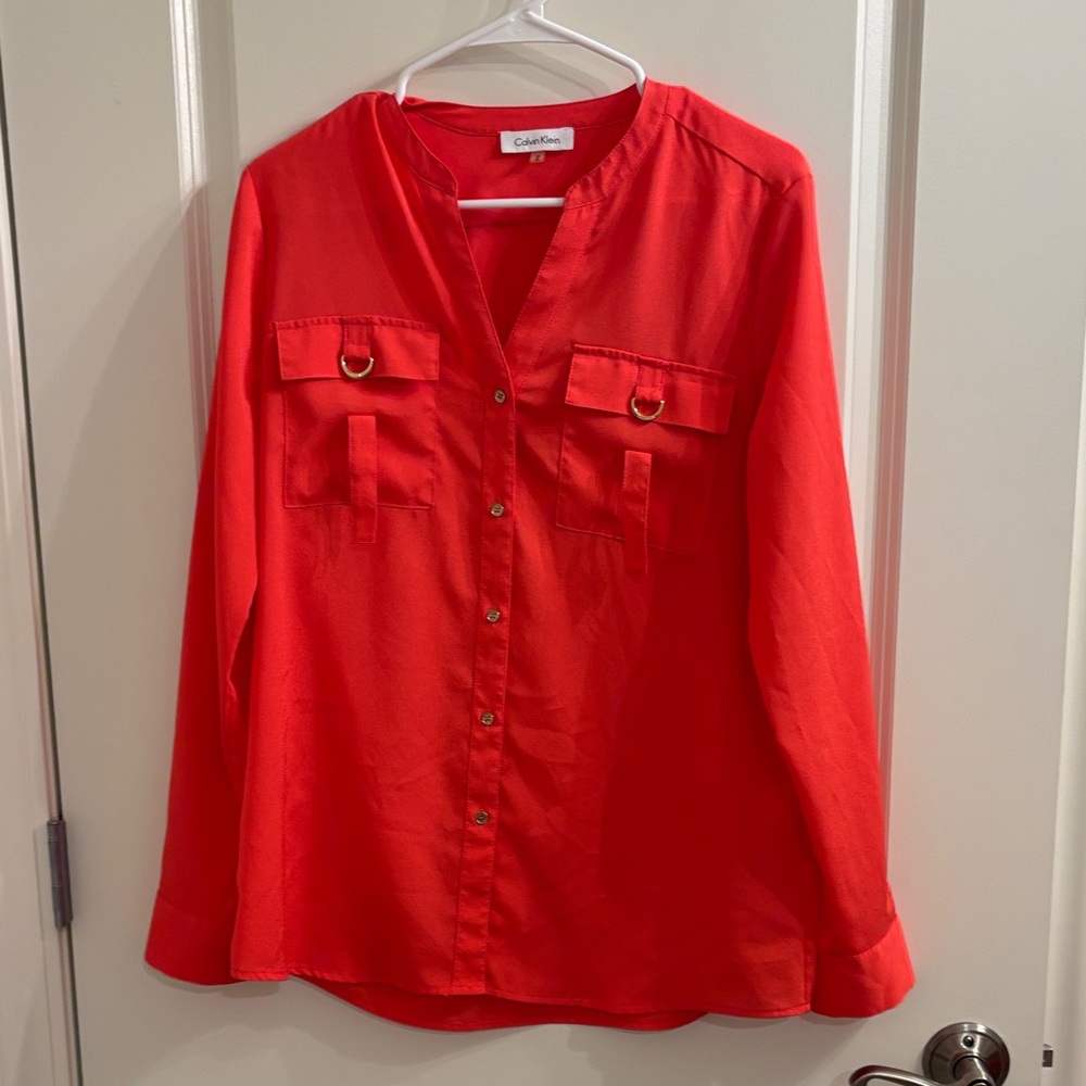 Calvin Klein Women's Vibrant Red Button-Down Shirt